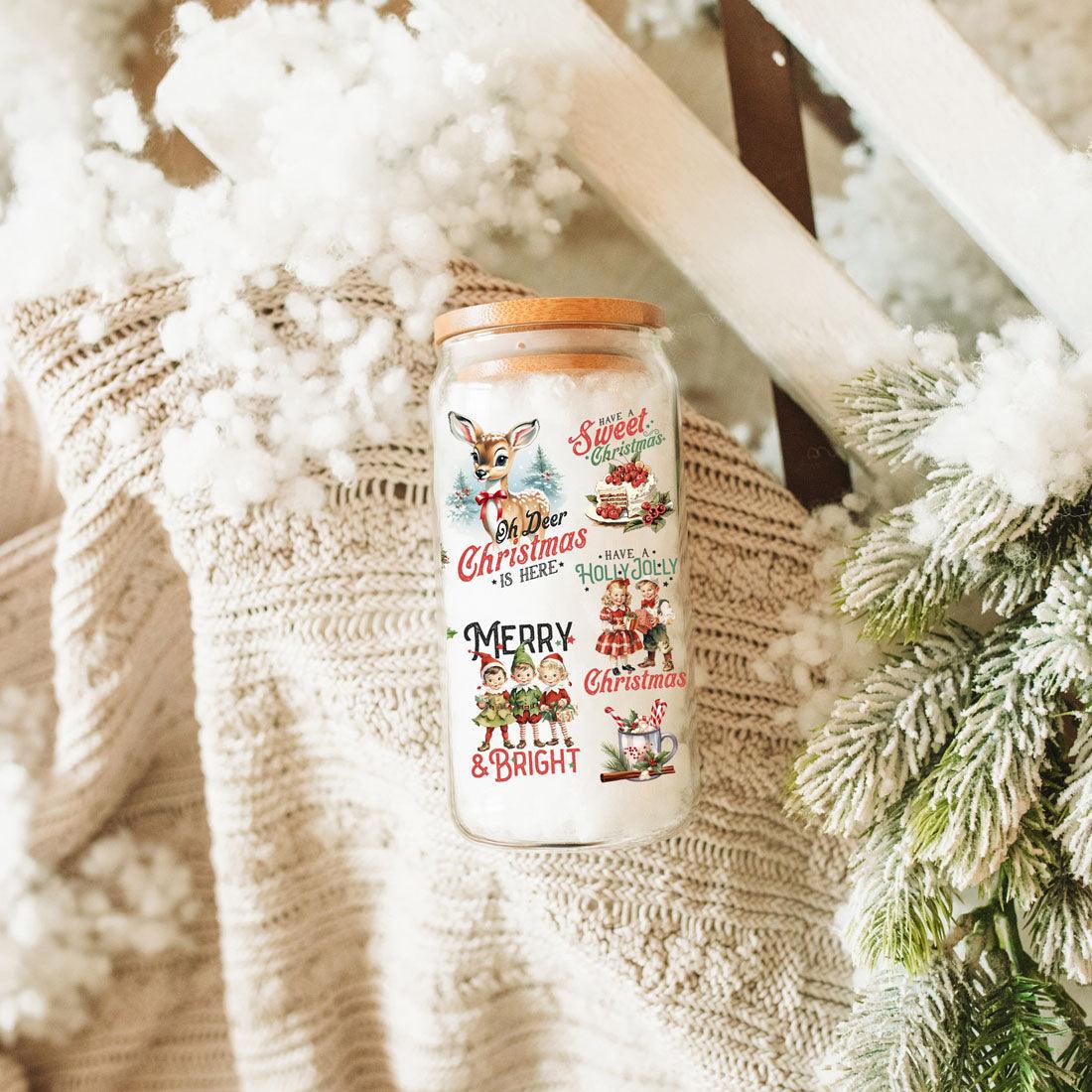 Vintage Christmas 17oz Mug – Holiday Themed Glass Cup with Lid & Straw