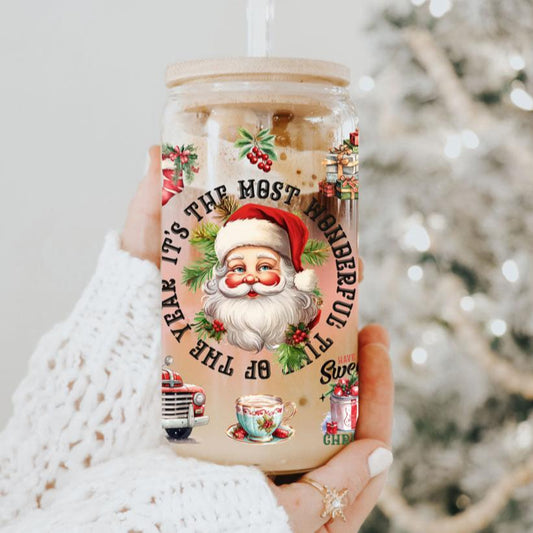 Vintage Christmas 17oz Mug – Holiday Themed Glass Cup with Lid & Straw