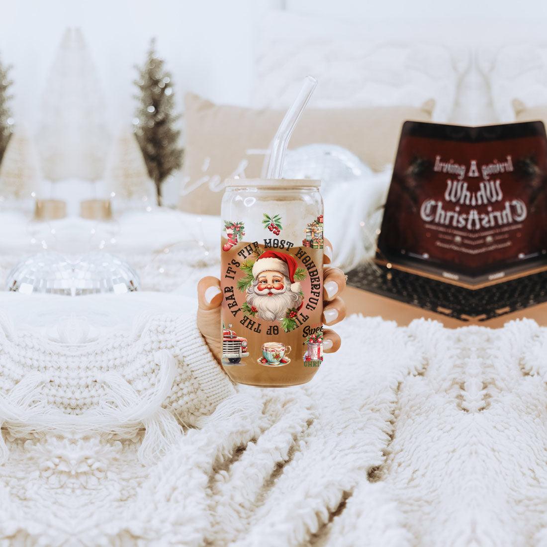 Vintage Christmas 17oz Mug – Holiday Themed Glass Cup with Lid & Straw